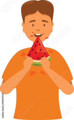 Young boy is happily eating a slice of watermelon, making a mess with juice dripping down his chin