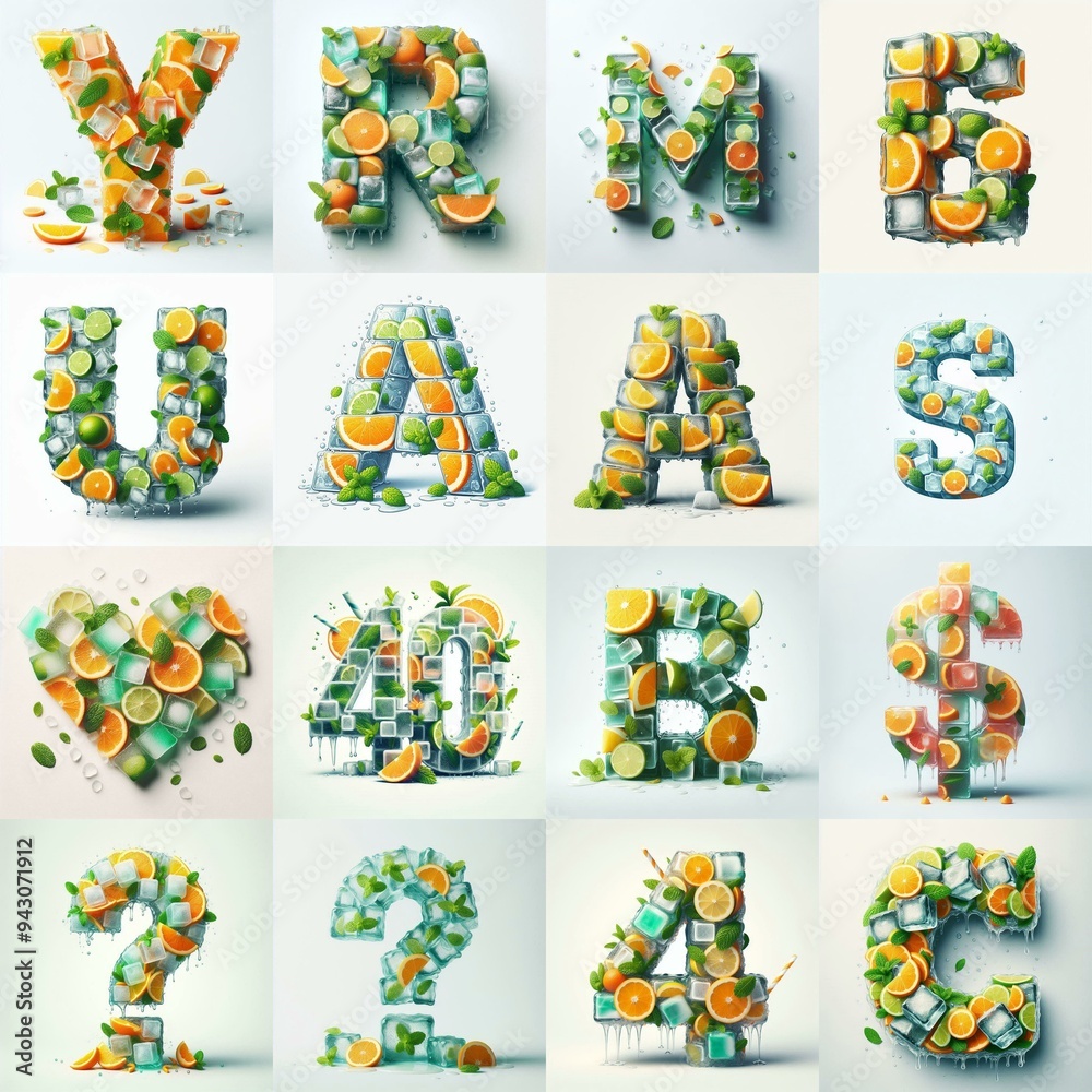 Fototapeta premium Ice cubes and mints and citrus Lettering Typeface. AI generated illustration
