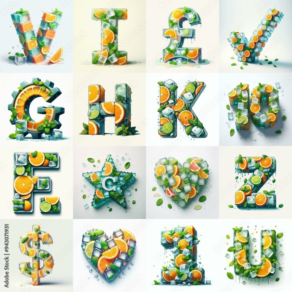 Fototapeta premium Ice cubes and mints and citrus Lettering Typeface. AI generated illustration