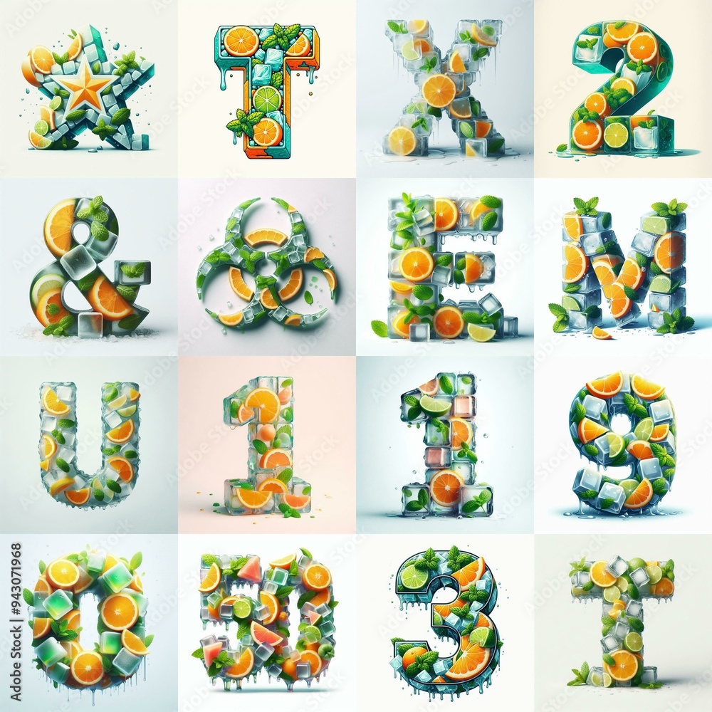Fototapeta premium Ice cubes and mints and citrus Lettering Typeface. AI generated illustration