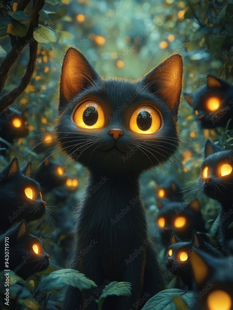 Fototapeta Whimsical Halloween Card with Adorable Black Cats in Claymation Style