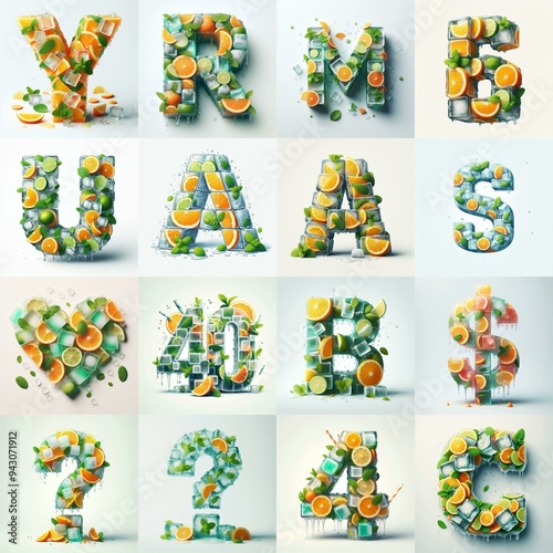 Ice cubes and mints and citrus Lettering Typeface. AI generated illustration