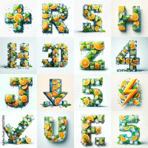 Ice cubes and mints and citrus Lettering Typeface. AI generated illustration