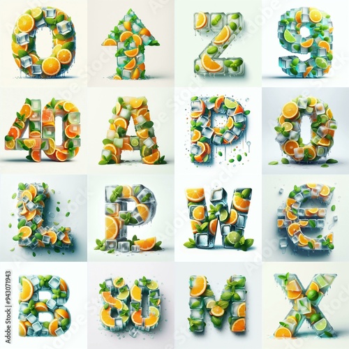 Ice cubes and mints and citrus Lettering Typeface. AI generated illustration