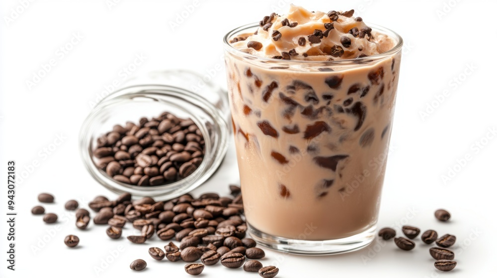 indulgent iced coffee with creamy topping scattered beans