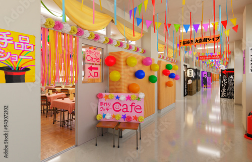 賑やかに飾り付けられた文化祭当日の廊下 / スクールイベント・学園ロケーション・青春とノスタルジーのコンセプトイメージ / 3Dレンダリング