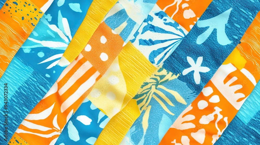 Obraz premium seamless pattern, Vibrant abstract pattern featuring bright blue, orange, and yellow colors with organic shapes and artistic designs.