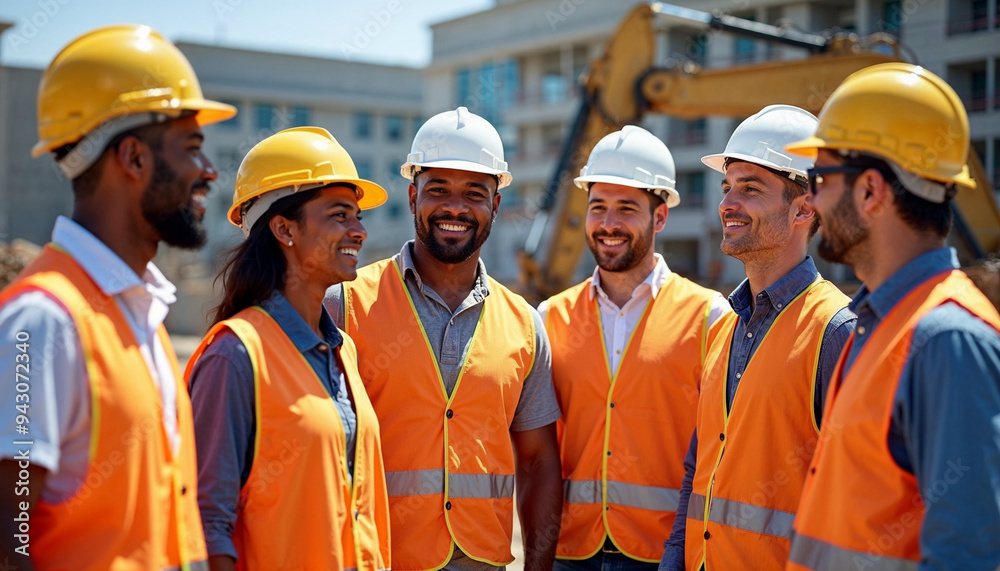 group of construction workers and engineers in full safety gear smiles and interacts on an active construction site group of construction workers and engineers in full safety gear smiles and interacts on an active construction site