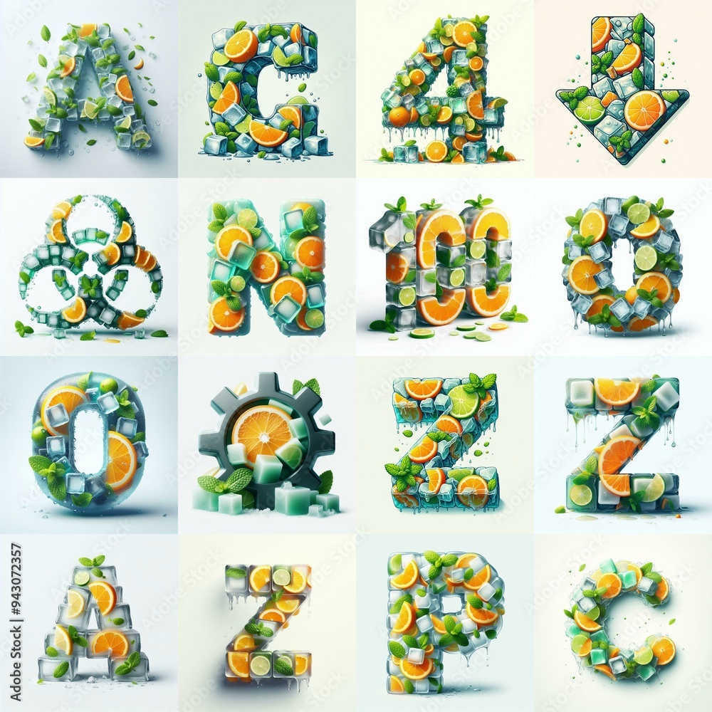 Fototapeta premium Ice cubes and mints and citrus Lettering Typeface. AI generated illustration
