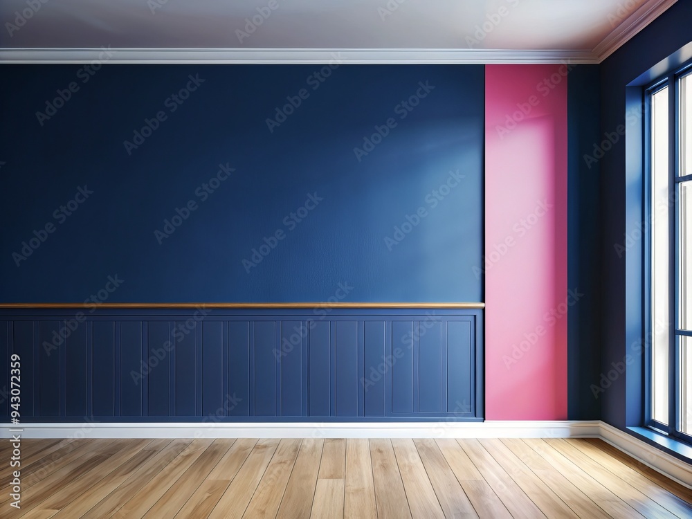 Deep navy blue wall with a bold pink stroke, creating a striking contrast that demands attention and energizes the surrounding space. Deep navy blue wall with a bold pink stroke, creating a striking contrast that demands attention and energizes the surrounding space.