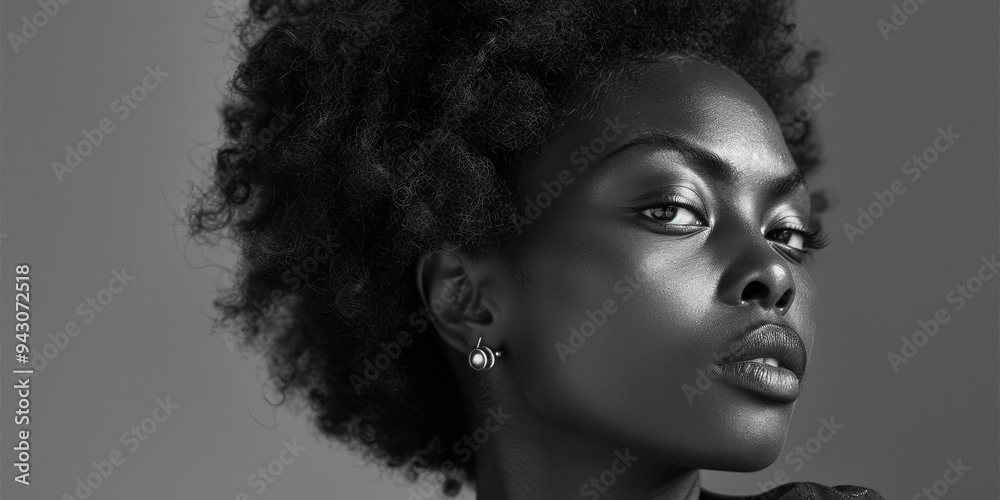 black and white portrait of beautiful black woman with curly hair