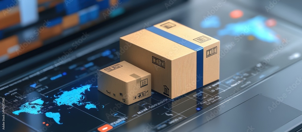 E-commerce Concept with Cardboard Boxes on Digital Tablet Displaying Global Shipping Network and Logistics Data E-commerce Concept with Cardboard Boxes on Digital Tablet Displaying Global Shipping Network and Logistics Data