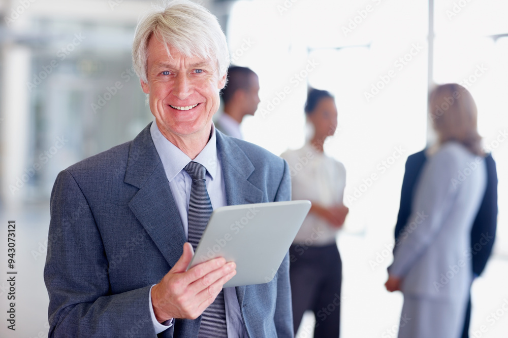 Tablet, smile and portrait of mature businessman in office with team for accounting, finance or wealth management. Face, leadership and technology with person in professional workplace for career Tablet, smile and portrait of mature businessman in office with team for accounting, finance or wealth management. Face, leadership and technology with person in professional workplace for career