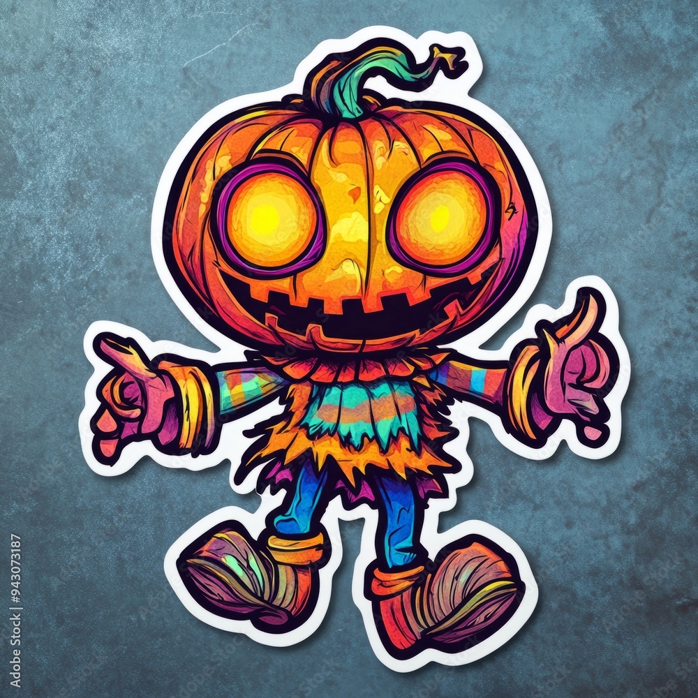 Playful Pumpkin Headed Scarecrow Sticker with Glowing Eyes | Whimsical Chibi Illustration in Bold Lines and Crazy Colorful Tones Playful Pumpkin Headed Scarecrow Sticker with Glowing Eyes | Whimsical Chibi Illustration in Bold Lines and Crazy Colorful Tones
