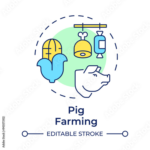 Pig farming multi color concept icon. Natural food, meat products. Porc cultivation. Round shape line illustration. Abstract idea. Graphic design. Easy to use in infographic, presentation