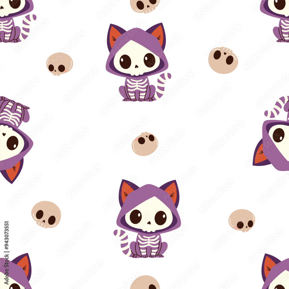 Fototapeta premium Seamless vector pattern for the Halloween holiday. Cute kitten in skeleton, skull costume. Vector illustration