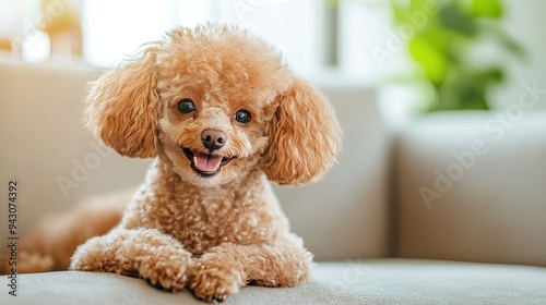 Smiling brown poodle dog on a light-colored sofa in a cozy home environment