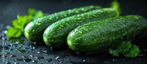 Fresh Green Cucumbers with Water Droplets on Dark Background with Parsley Leaves photo