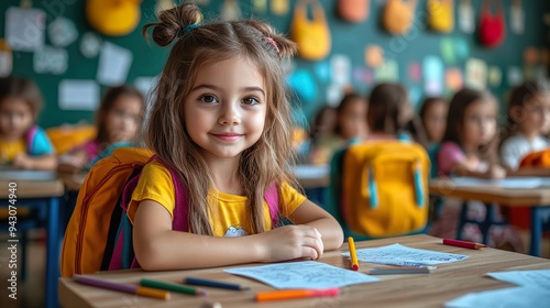Blonde girl on her first day of school sitting at a table paints a drawing with colored pencils