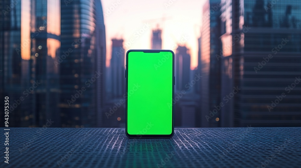 Smartphone with green screen standing on a rooftop in front of sunrise in the city Smartphone with green screen standing on a rooftop in front of sunrise in the city