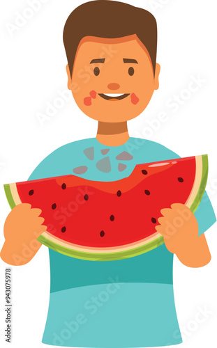 Young boy is happily enjoying a juicy slice of watermelon, his face covered in evidence of his delicious indulgence