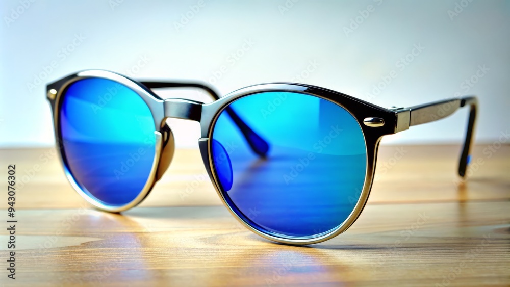 A striking photograph showcases a stylish pair of sunglasses featuring vibrant blue lenses that catch the eye. A striking photograph showcases a stylish pair of sunglasses featuring vibrant blue lenses that catch the eye.