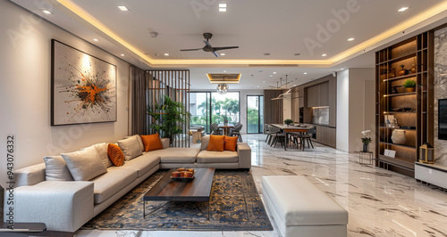 Modern Indian home interior featuring a beige living room with wall art and a dining area, designed with minimalism and warm tones