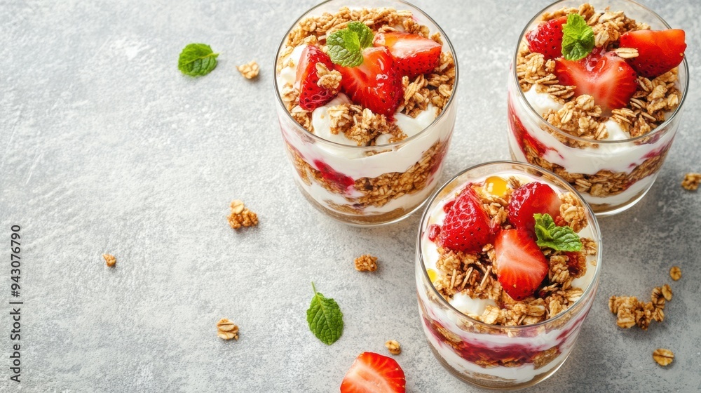 Strawberry yogurt parfait with granola mint garnish Strawberry yogurt parfait with granola mint garnish
