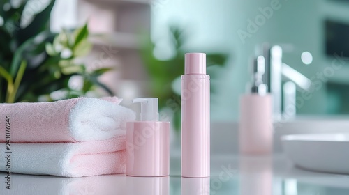 Bathroom essentials with soft towels and skincare products in a serene, clean setup