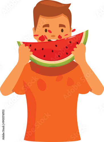 Boy is holding a slice of watermelon and biting it, juice is dripping on his face