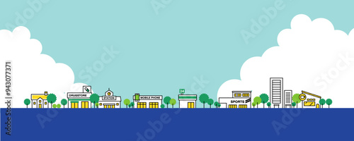 ドラッグストア、駅、高層マンションなど、シンプルでかわいい街並みのイラスト素材