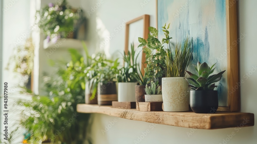 A serene indoor shelf adorned with various potted plants, enhancing the natural ambiance of the space. A serene indoor shelf adorned with various potted plants, enhancing the natural ambiance of the space.