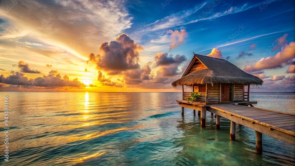 Tropical beach sunset with wooden bungalow and tranquil ocean Tropical beach sunset with wooden bungalow and tranquil ocean