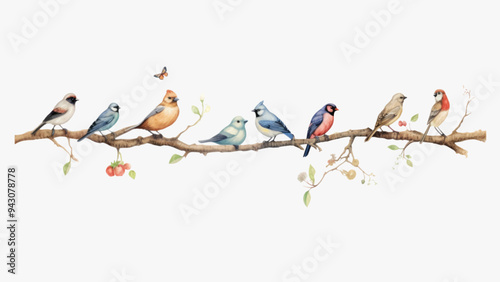 Colorful birds perched branch