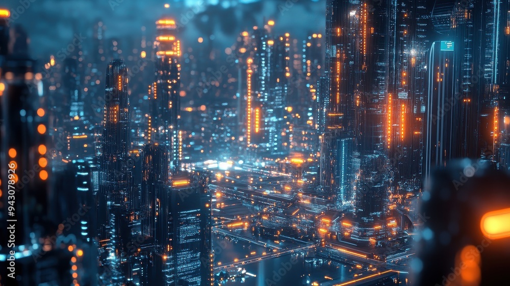 Futuristic city, AI integration, smart technology, holographic interfaces.