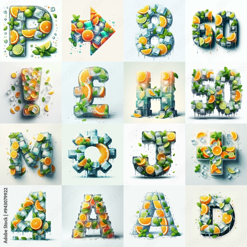 Fototapeta premium Ice cubes and mints and citrus Lettering Typeface. AI generated illustration