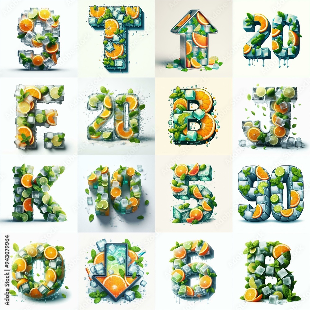 Fototapeta Ice cubes and mints and citrus Lettering Typeface. AI generated illustration