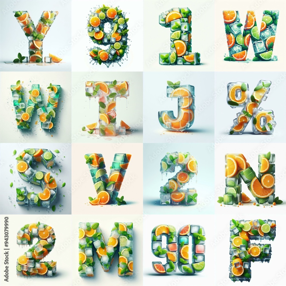 Fototapeta premium Ice cubes and mints and citrus Lettering Typeface. AI generated illustration