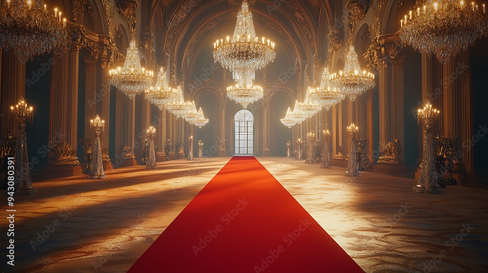 Obraz premium Glamorous Red Carpet Path in a Lavishly Lit Hall with Crystal Chandeliers and Ornate Details for a Prestigious Ceremony