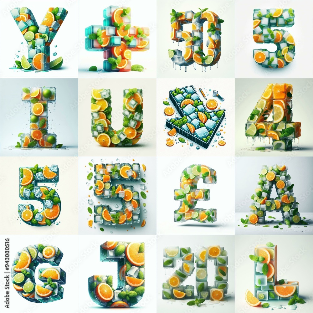 Fototapeta premium Ice cubes and mints and citrus Lettering Typeface. AI generated illustration