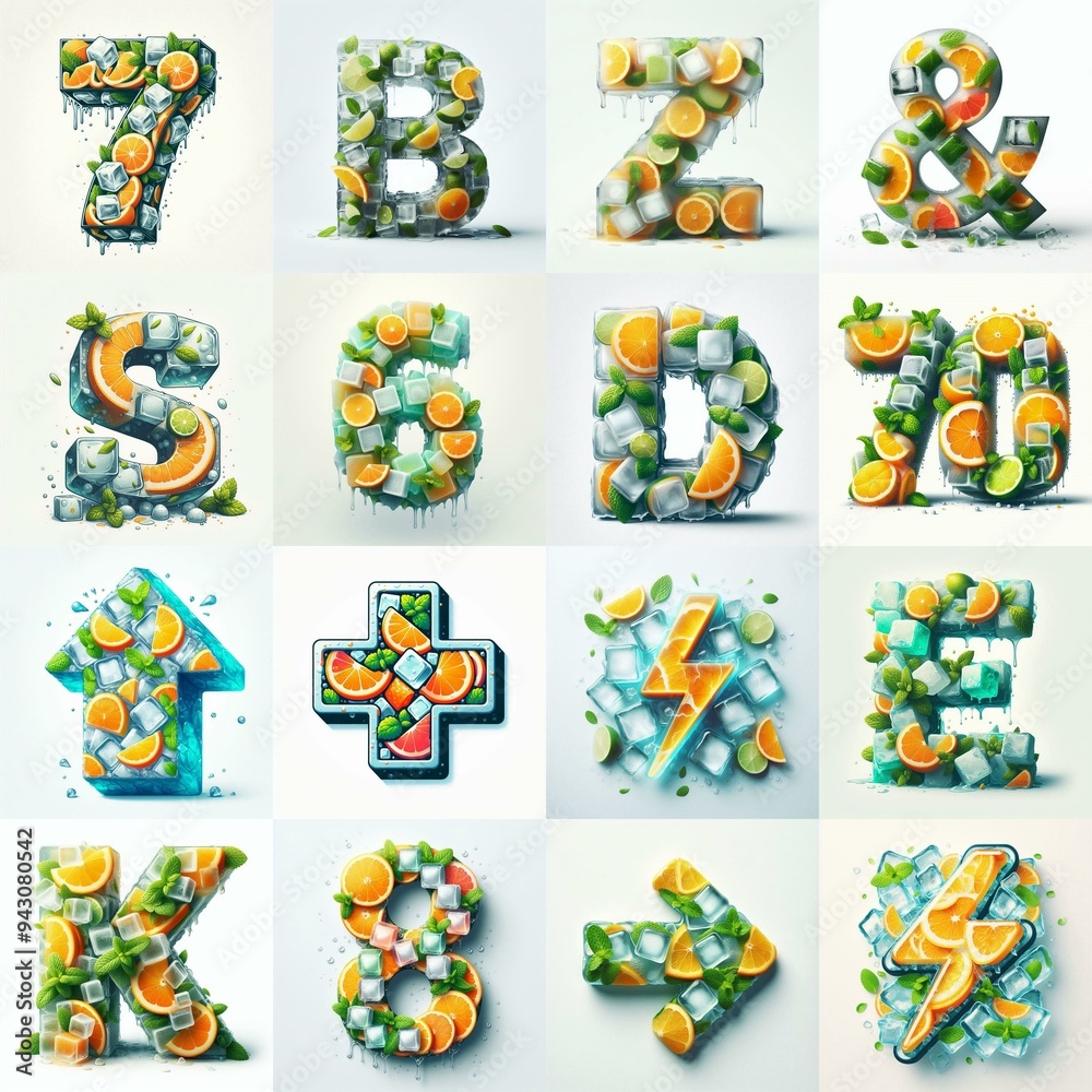 Obraz premium Ice cubes and mints and citrus Lettering Typeface. AI generated illustration