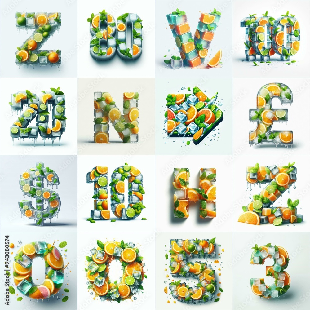 Fototapeta premium Ice cubes and mints and citrus Lettering Typeface. AI generated illustration