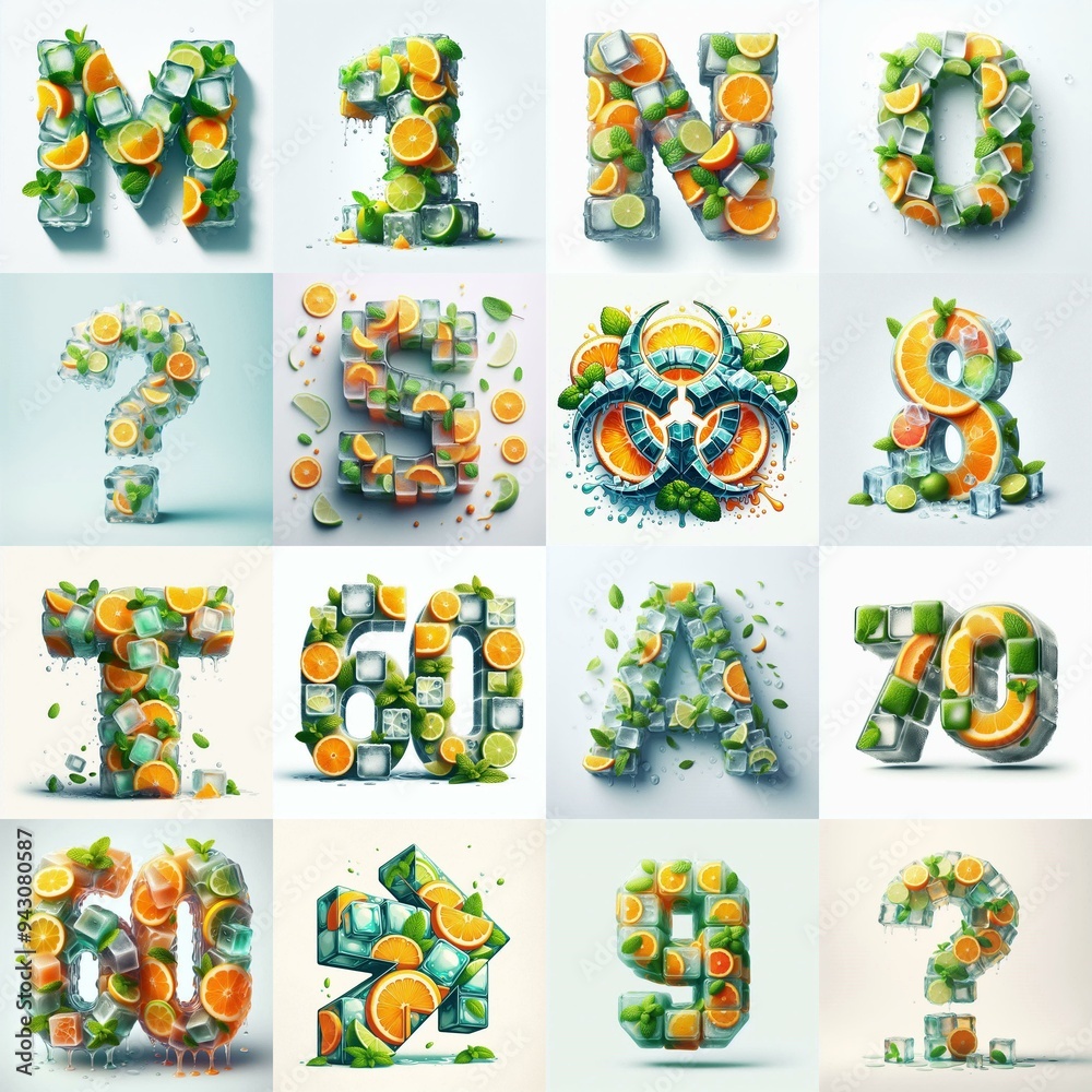 Fototapeta premium Ice cubes and mints and citrus Lettering Typeface. AI generated illustration