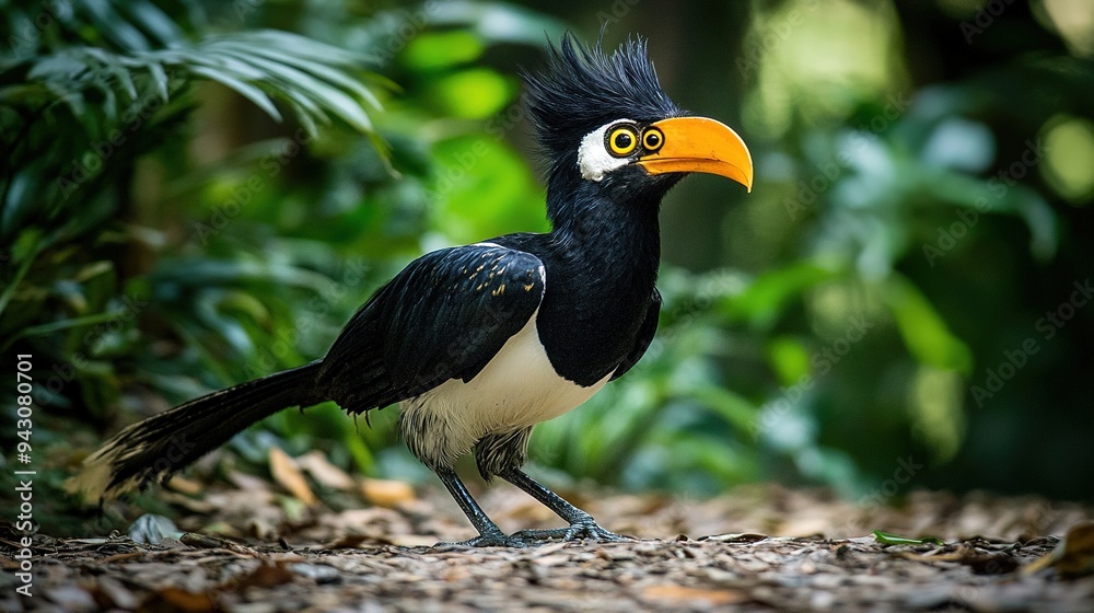 Obraz premium Exotic black bird with an orange beak standing in a lush forest