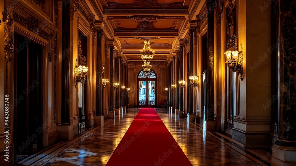 Opulent Hallway with Red Carpet and Ornate Lighting, Creating a Luxurious Atmosphere for a Prestigious Event Opulent Hallway with Red Carpet and Ornate Lighting, Creating a Luxurious Atmosphere for a Prestigious Event