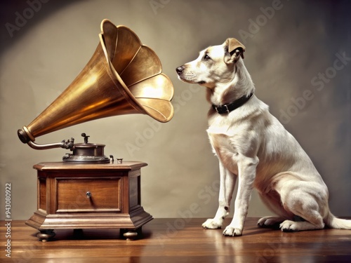 A golden retriever sits patiently in front of a vintage phonograph, adorned with the RCA Victor logo, a nostalgic nod to bygone music era. photo