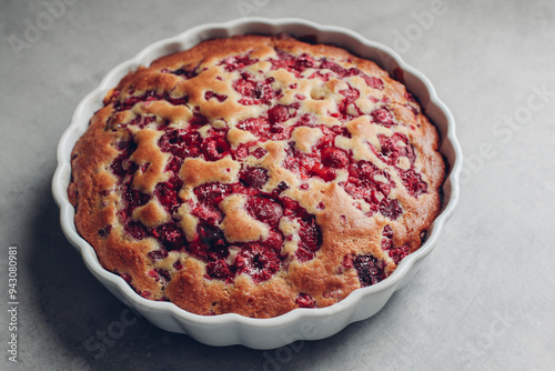 Delicious freshly baked homemade raspberry pie on gray background. Sweet food.