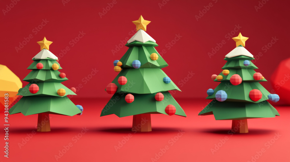 Christmas – three paper Christmas trees with ornaments and stars, set against a red background, creating a simple and festive holiday scene with a modern, minimalist design.