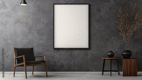 Mock up a Halloween frame with dark and luxurious patterns and silver. Displayed on a white canvas in a contemporary room with dark wood furniture photo