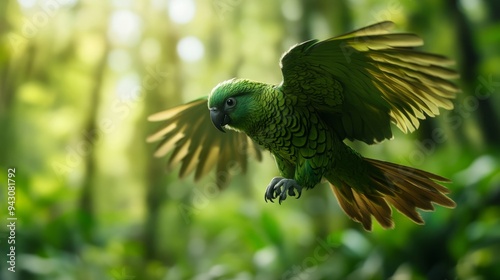 Kakapo Moving in Green Forest, Wings Open, Camouflaged by Environment, Critical Habitat Display photo